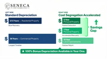Cost segregation depreciation timeline comparing 5 7 15 versus 27.5 39 year schedules