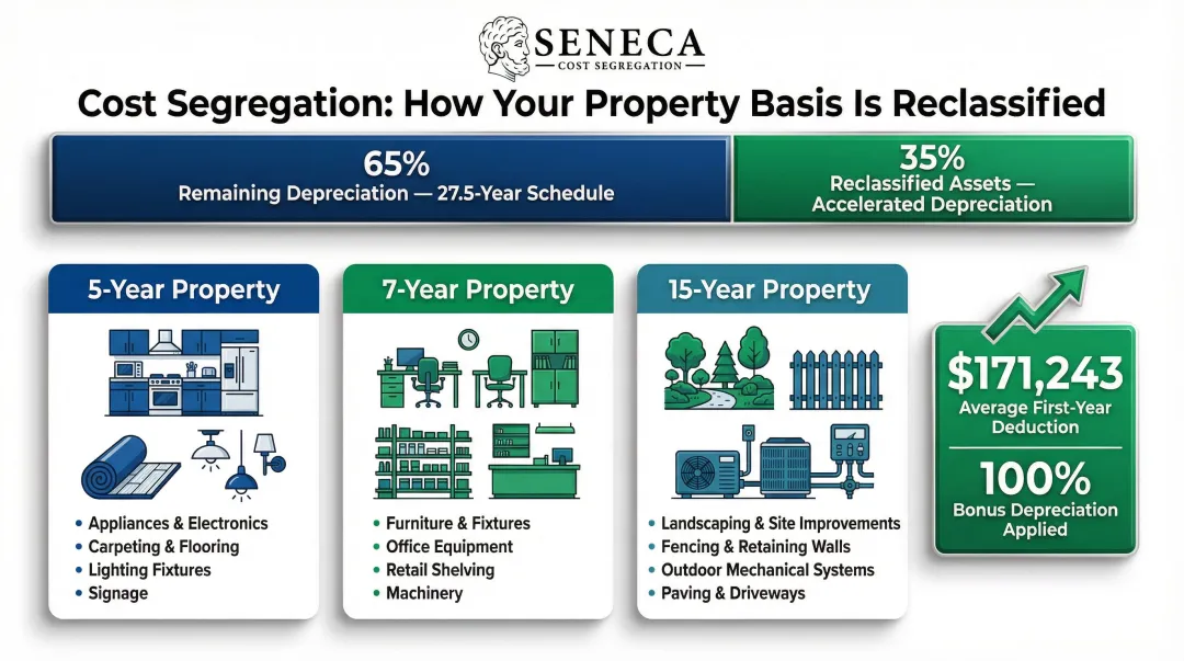 Cost segregation study property reclassification timeline and first-year deduction savings breakdown