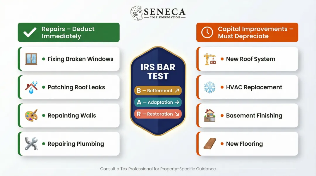 Repairs versus capital improvements IRS BAR test classification comparison chart