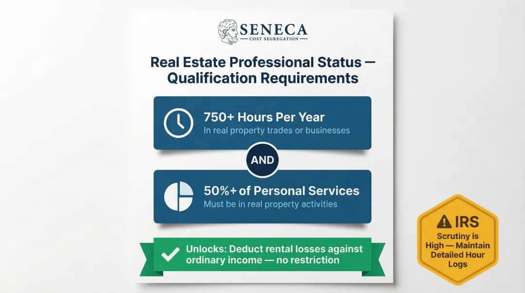 Real estate professional status two-part IRS qualification test requirements infographic