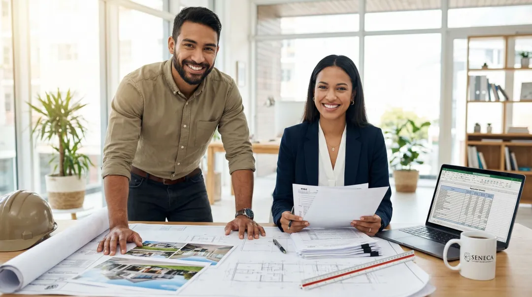 Engineer and CPA collaborating on cost segregation study with property documents and tax forms