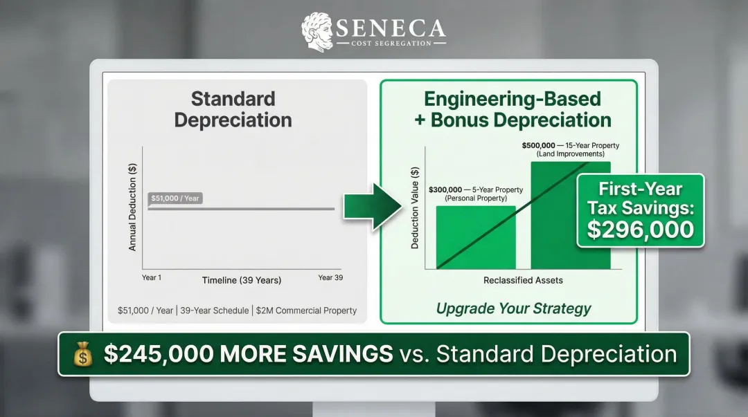 Standard versus accelerated depreciation comparison showing 296000 first-year tax savings