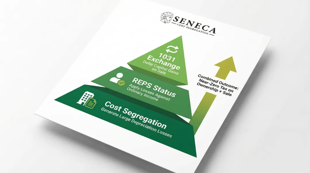 Three-strategy real estate tax stacking framework combining cost segregation REPS and 1031 exchange