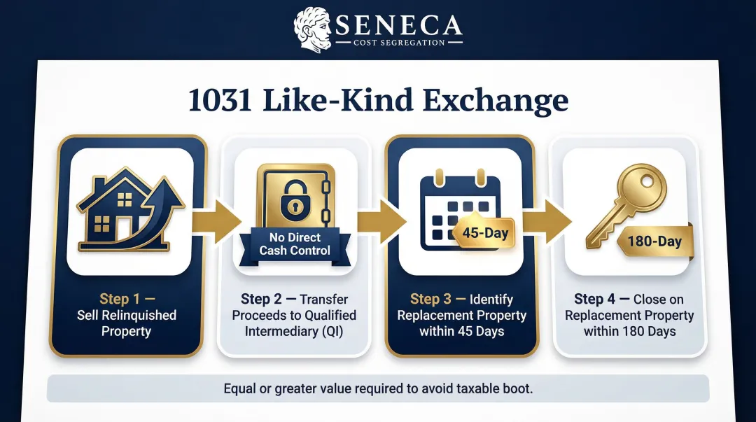 1031 exchange four-step process timeline with deadlines and requirements