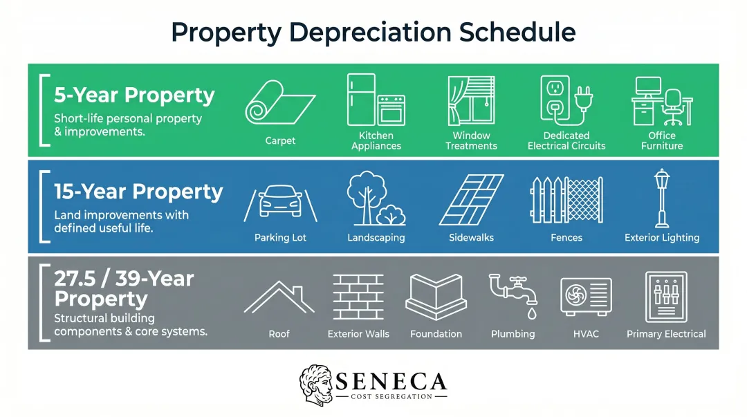 Real estate component depreciation recovery periods classified by IRS asset class tiers