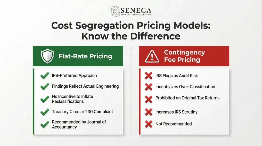 Flat-rate versus contingency fee cost segregation pricing model comparison infographic