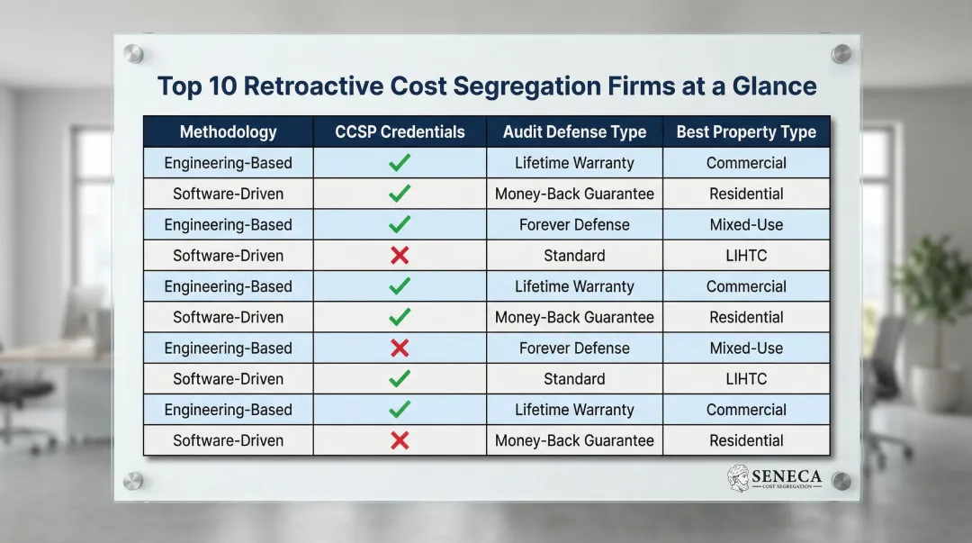 Top 10 retroactive cost segregation firms comparison chart by methodology audit defense and specialty