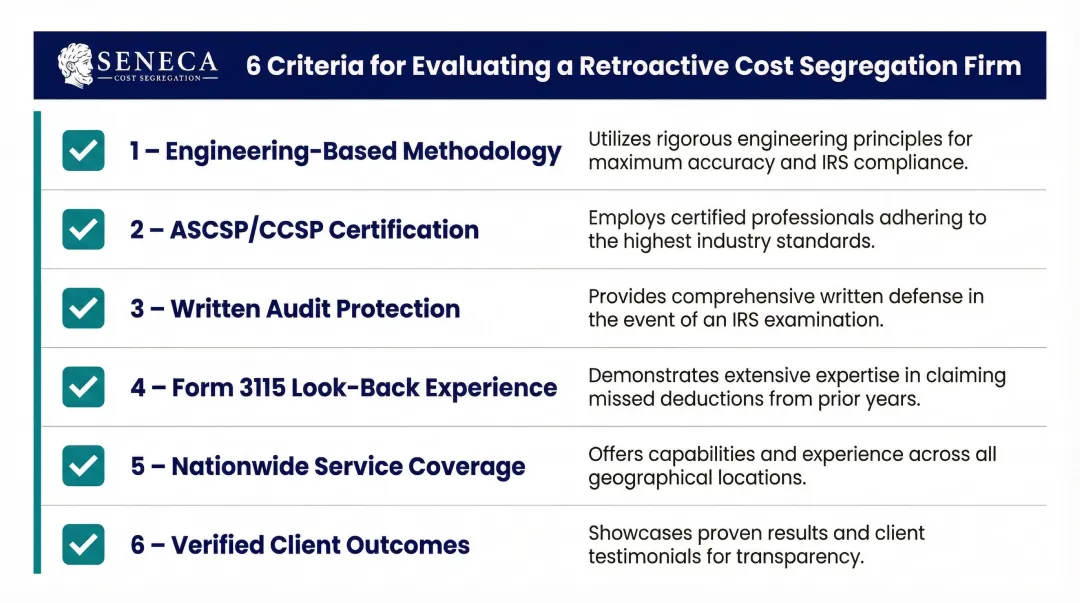 Six criteria checklist for choosing a retroactive cost segregation firm infographic