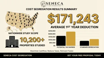 Seneca Cost Segregation study results showing average first-year deduction statistics and property data