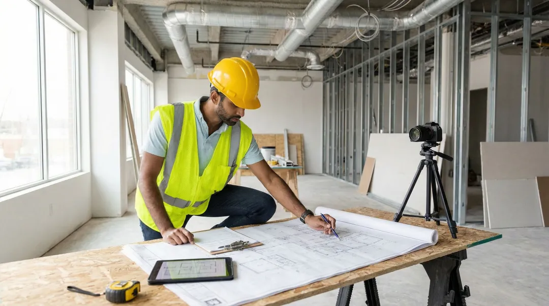 Cost segregation engineer conducting on-site property inspection reviewing architectural drawings