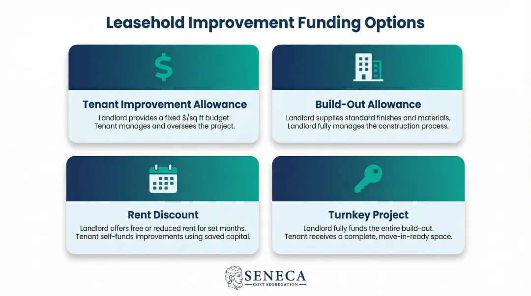 Four leasehold improvement funding structures comparison infographic for tenants and landlords