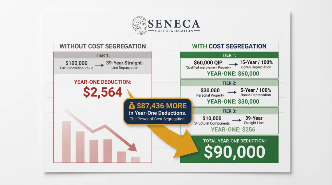 Cost segregation versus no cost segregation first-year deduction comparison on 100000 renovation