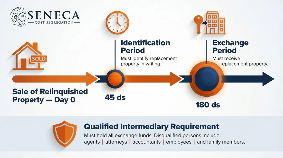 1031 exchange three-requirement timeline showing 45-day and 180-day IRS deadlines