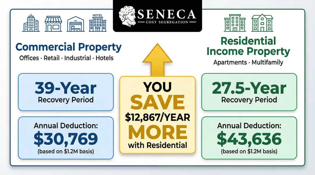Commercial versus residential property depreciation schedule comparison with annual deduction amounts
