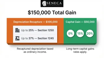 Real estate depreciation recapture versus capital gain tax breakdown infographic