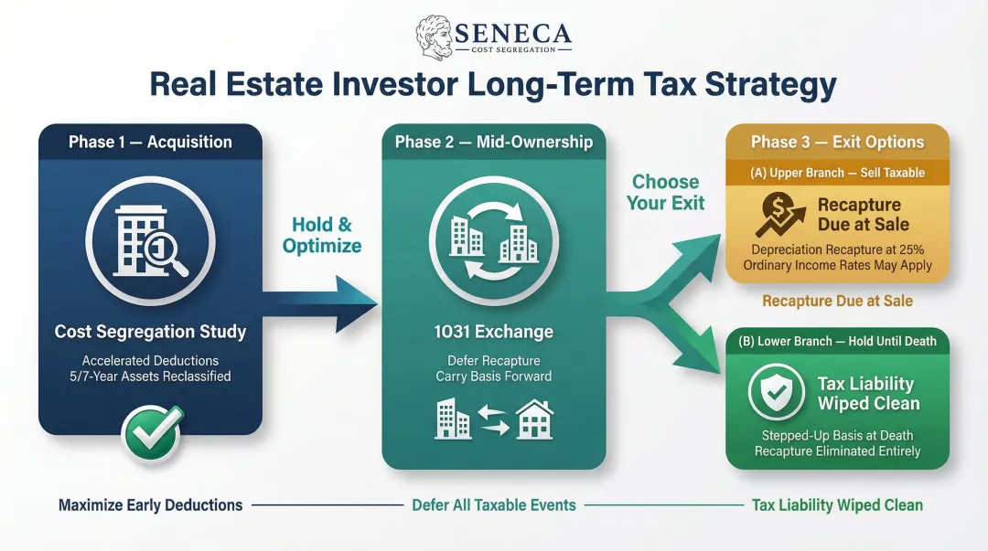 Cost segregation paired with 1031 exchange and stepped-up basis exit strategy timeline