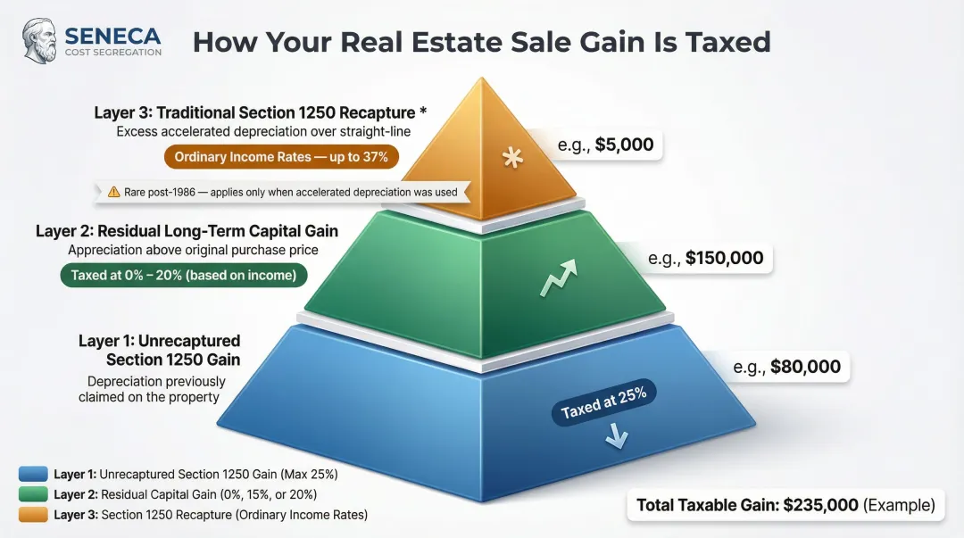Three-layer Section 1250 gain breakdown with tax rates per layer