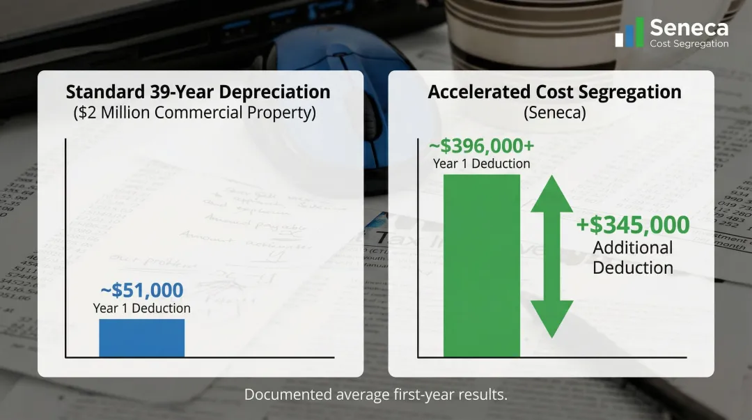 Cost segregation study results showing first-year deduction comparison with and without reclassification