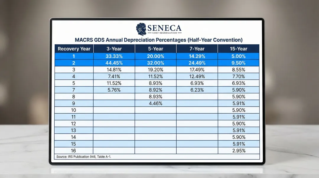 MACRS GDS depreciation percentage table comparing 3-year 5-year 7-year and 15-year property classes