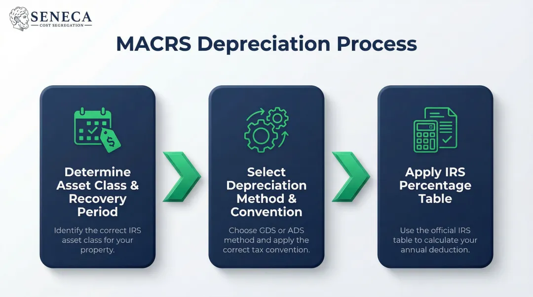 Three-step MACRS depreciation process from asset classification to deduction calculation