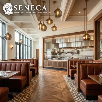 Restaurant interior showing depreciable assets like commercial kitchen, lighting, and flooring