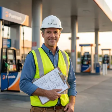 Engineer inspecting gas station canopy structure for cost segregation study