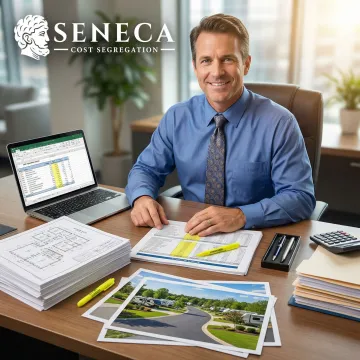 Cost segregation engineer reviewing detailed property documentation and depreciation schedules for an RV park