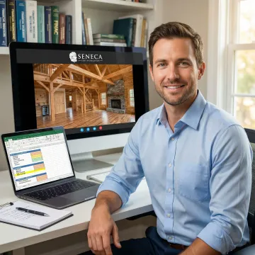 Engineer conducting a virtual property inspection of a cabin via video call on a laptop