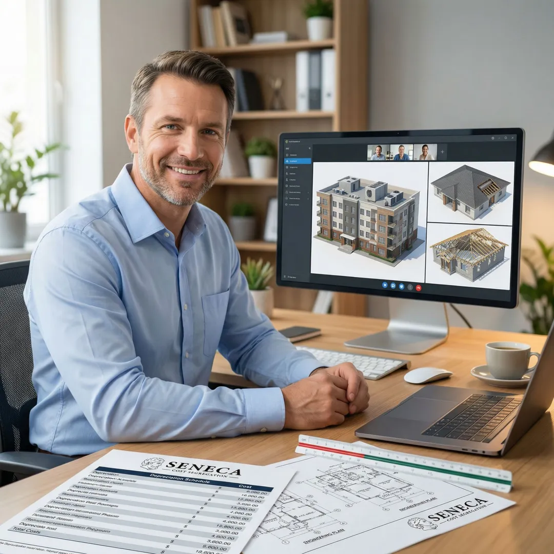 Cost segregation engineer conducting virtual property inspection for apartment complex