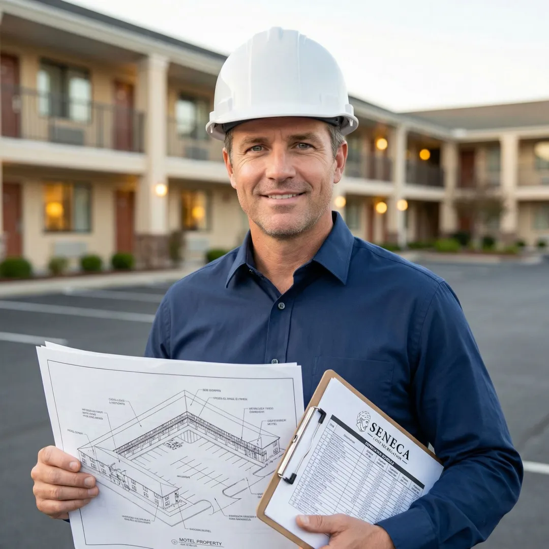 Cost segregation engineer reviewing motel property assets and depreciation schedules