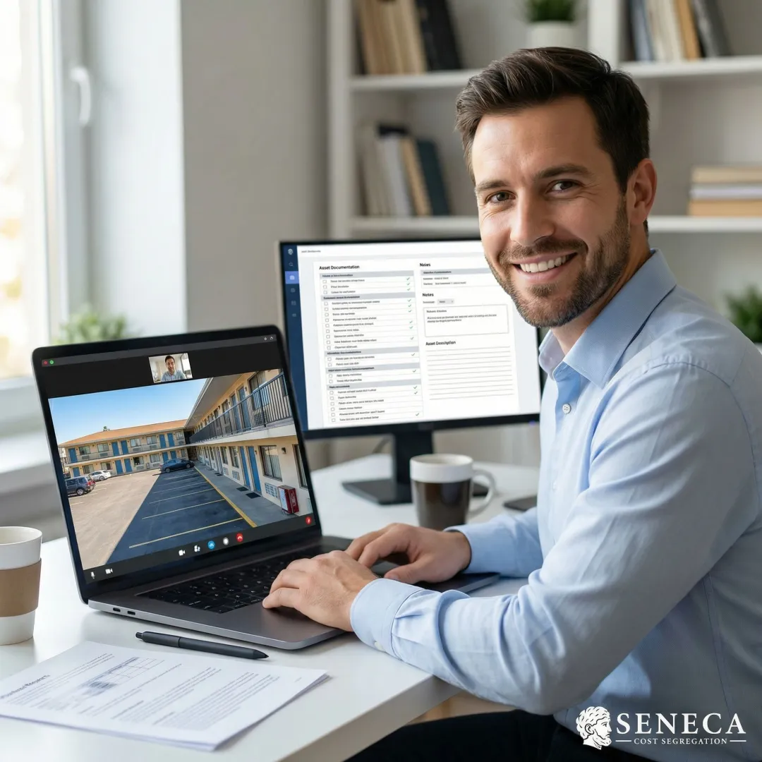 Seneca Cost Segregation engineer conducting a virtual motel property inspection via video call