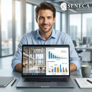 Cost segregation engineer conducting a virtual tour of a commercial office building