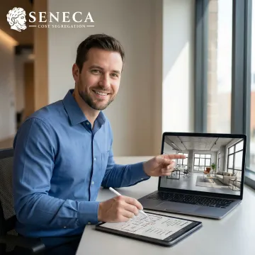 Seneca Cost Segregation engineer conducting a virtual property tour of an office condo via video call