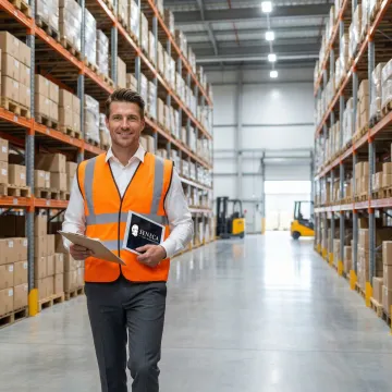 Engineer conducting a property inspection inside a distribution warehouse facility