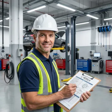 Cost segregation engineer inspecting automotive repair shop building components