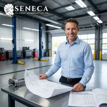 Cost segregation specialist reviewing automotive repair shop blueprints and tax documents