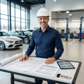 Cost segregation engineer reviewing auto dealership property blueprints for tax savings analysis