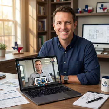 Seneca engineer conducting a virtual property tour for a Texas real estate investor on a video call