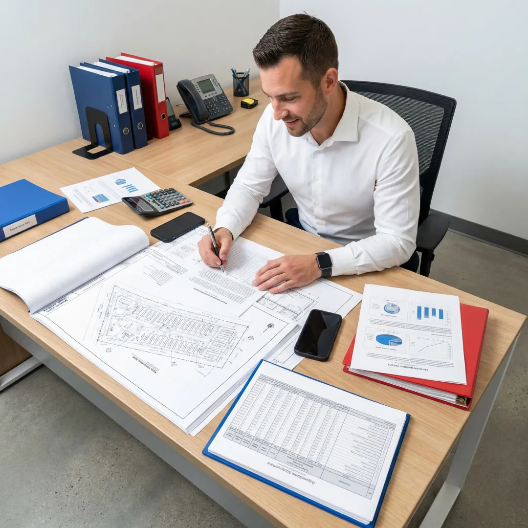 Engineer reviewing blueprints and depreciation schedules for a mobile home park property