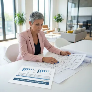 Cost segregation engineer analyzing commercial property blueprints and depreciation schedules