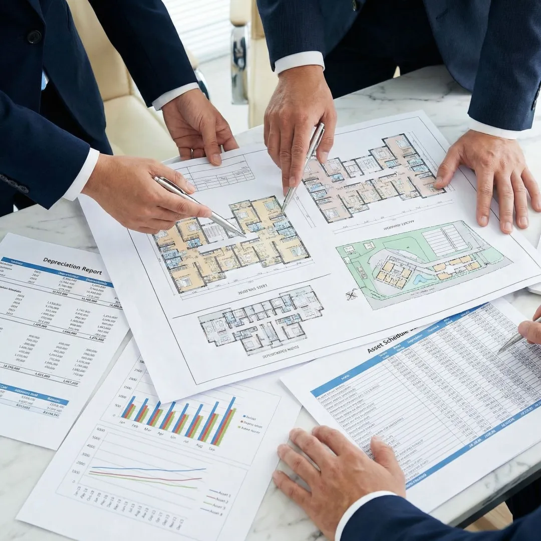 Cost segregation engineer reviewing apartment complex blueprints for tax depreciation study