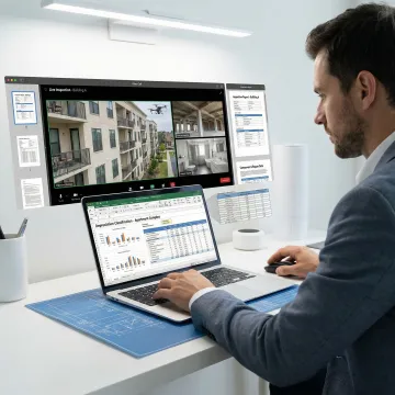 Engineer conducting a virtual property inspection of an apartment building for cost segregation