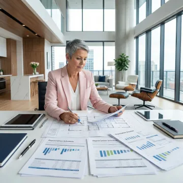 Cost segregation engineer reviewing office condo property documents and depreciation schedules