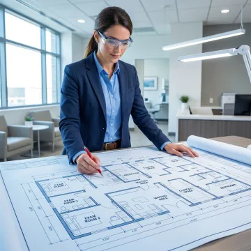Cost segregation engineer reviewing blueprints of a medical office building