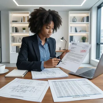 IRS audit defense specialist reviewing tax documents and engineering reports at a desk