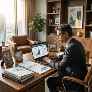 Property owner reviewing remote cost segregation report on laptop at home office