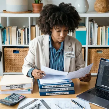 Licensed engineer reviewing cost segregation study documents for a Pennsylvania commercial property