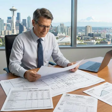 Cost segregation engineer reviewing Washington state commercial property blueprints for tax savings analysis
