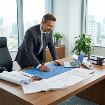 Professional property consultant reviewing building blueprints and asset documentation