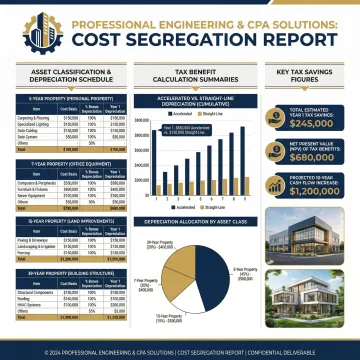 Detailed cost segregation report showing building component classifications and depreciation schedules